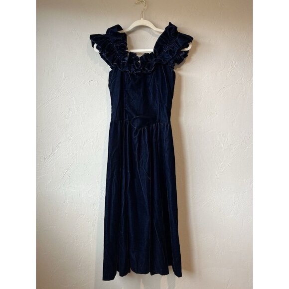 Vintage Velvet Blue Prom Event Evening Wedding Fancy Handmade Drop Waist Ruffle - Picture 1 of 7